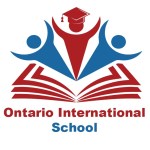 Logo of Ontario International School featuring stylized figures and an open book, symbolizing education and online learning for global students.